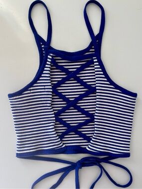 Sorella Blue White Striped Lace-Up Back Crop Top Size L Stretch Knit Tie Waist